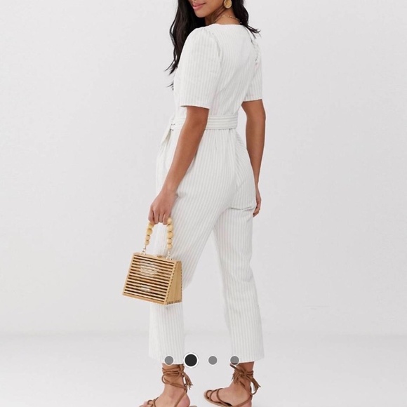 Striped Cotton Jumpsuit Sweetheart Neckline Tie Waist White Grey US12 - US14 - Picture 2 of 11